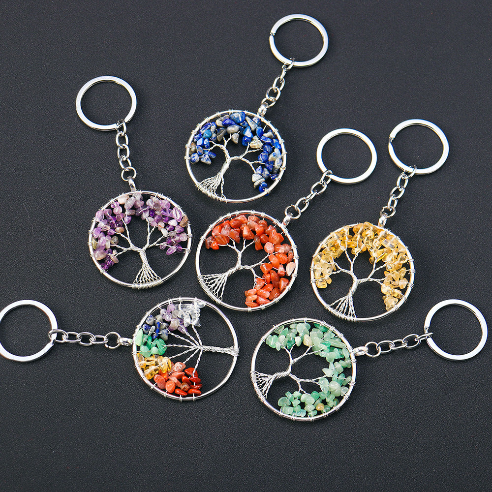 RYS Natural crystal Tree of Life keychain, crystal rough stone gravel key chain