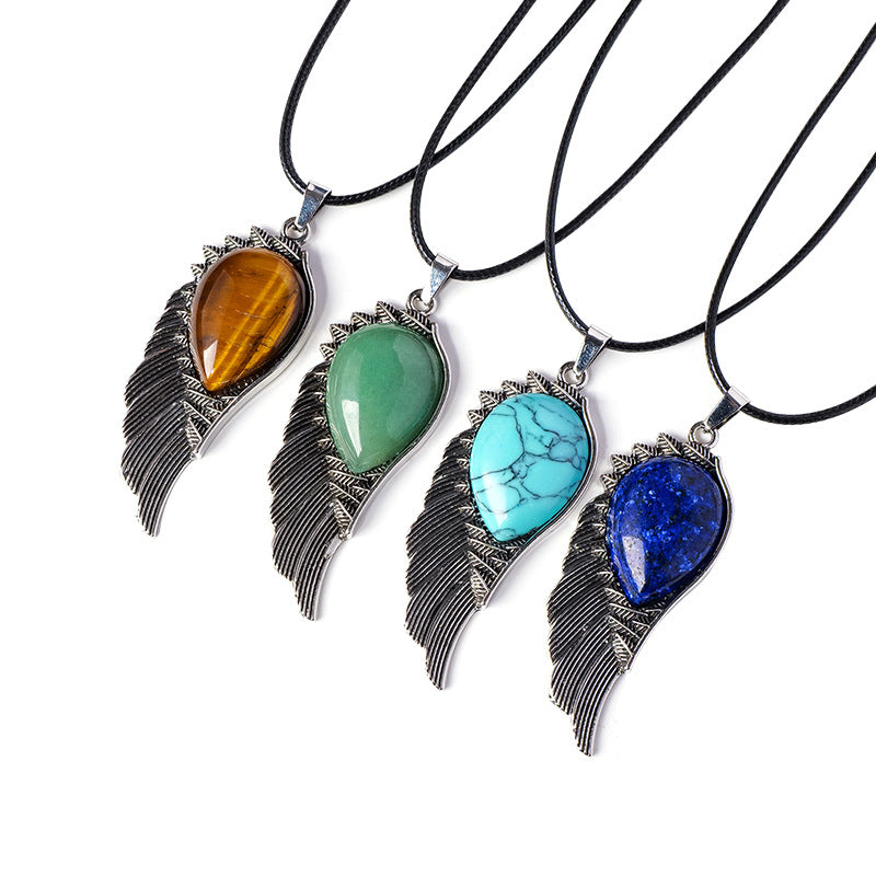 RYS Natural crystal gemstone rough Angel Wing Pendant necklace, retro crystal crafts