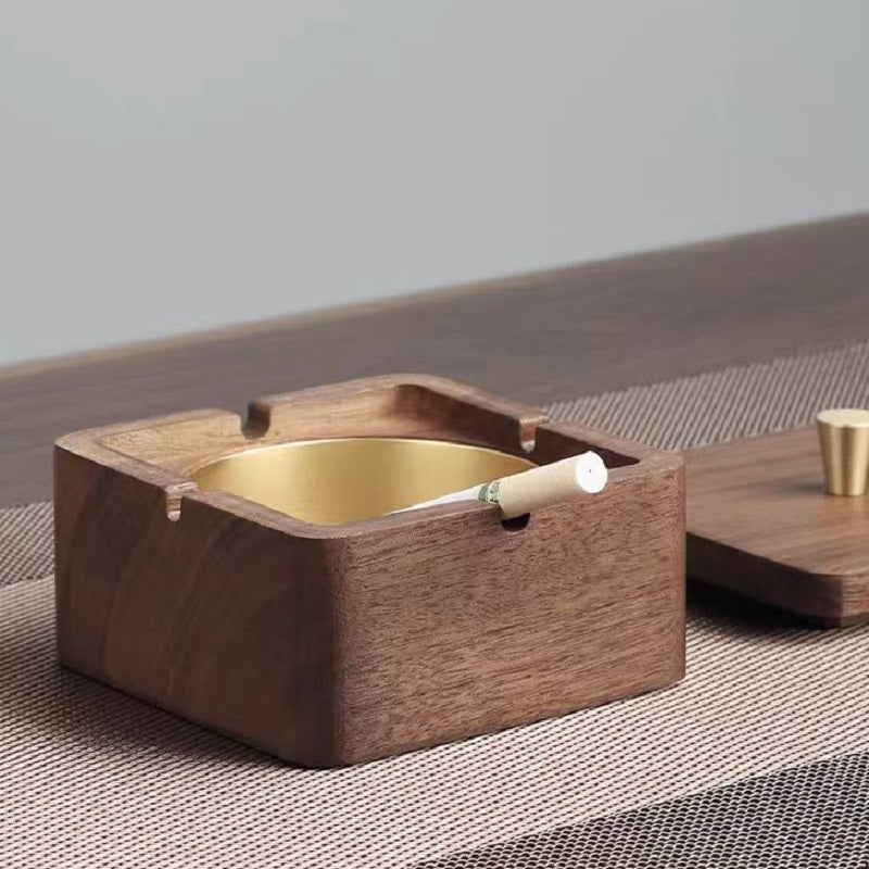 YZBZ Walnut ashtray with lid to prevent fly ash, stainless steel gold-plated liner, suitable for home and office