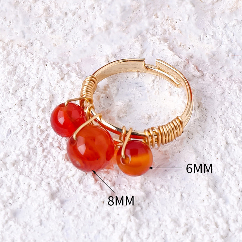 RYS Natural red agate round bead ring, hand-wound