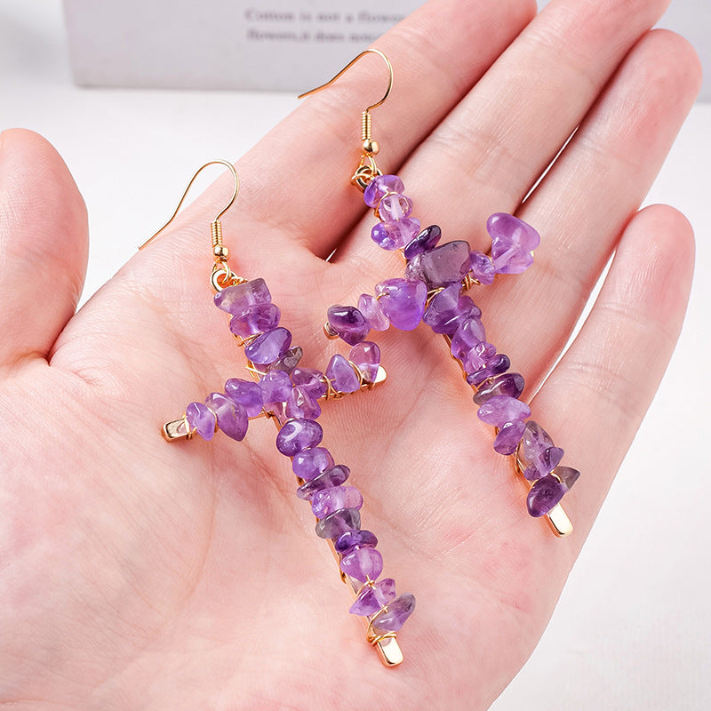 RYS Cross-shaped earrings with natural crystal gravel, handmade, simple women's ear hooks