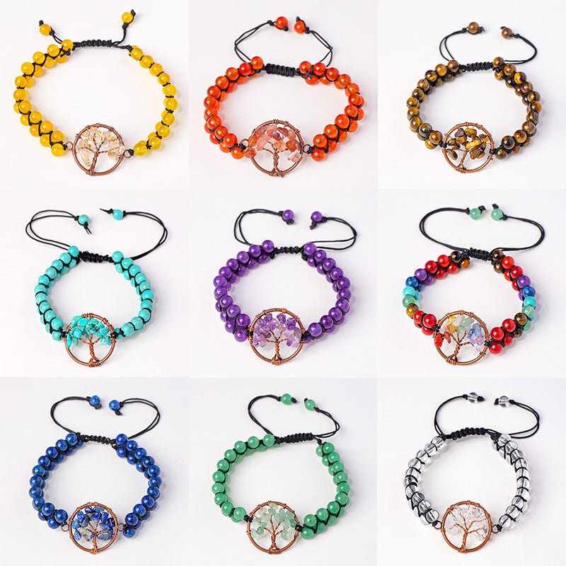 RYS Natural crystal gravel Tree of Life round bead bracelet, double-layer braided crystal bracelet