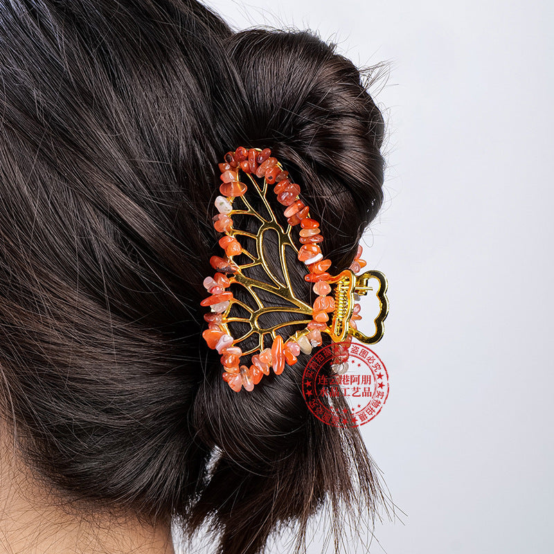 APENG Natural crystal gemstone gravel alloy butterfly hairpin