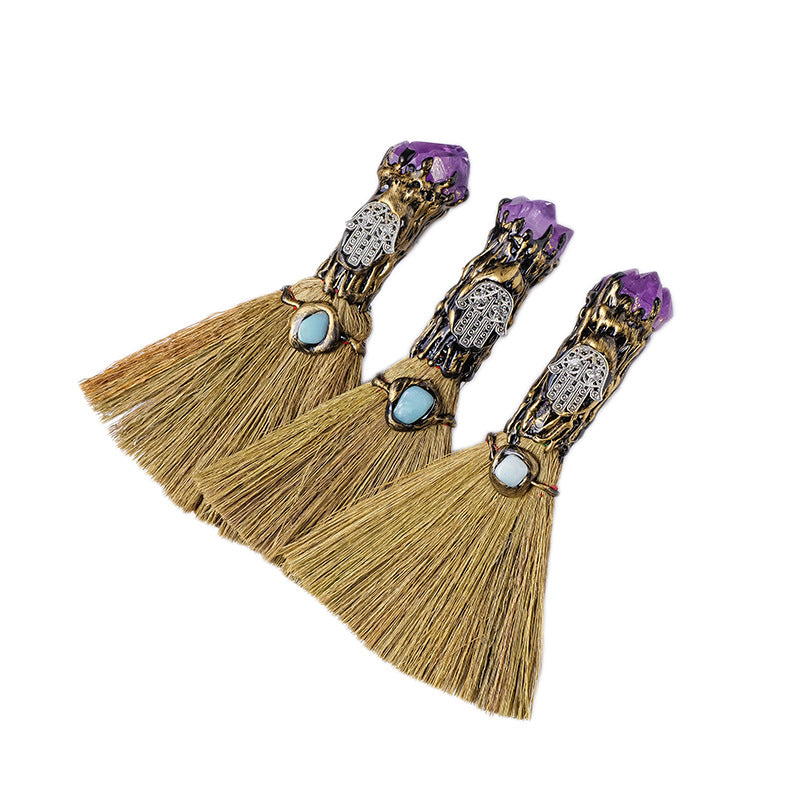 RYS A mini broom made of natural crystal, made from an amethyst tooth flower, a magical handmade broom decoration