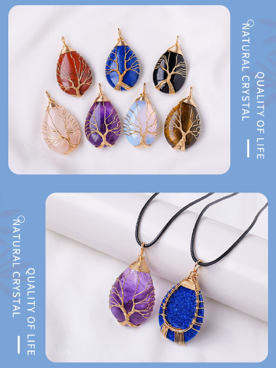 RYS Tree of Life water drop wrapped silk Pendant, hand-woven natural crystal energy stone necklace
