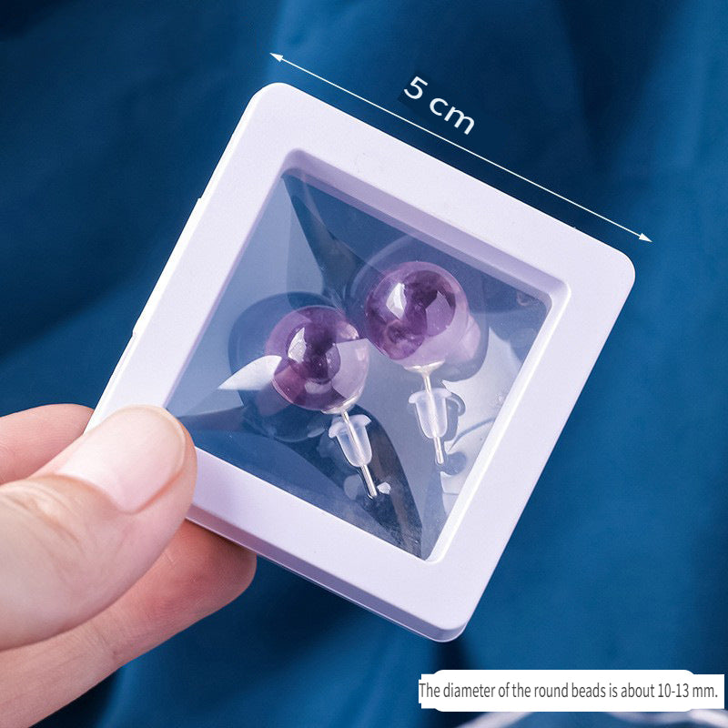 RYS S925 sterling silver natural Brazilian amethyst round bead earrings, fashionable and simple