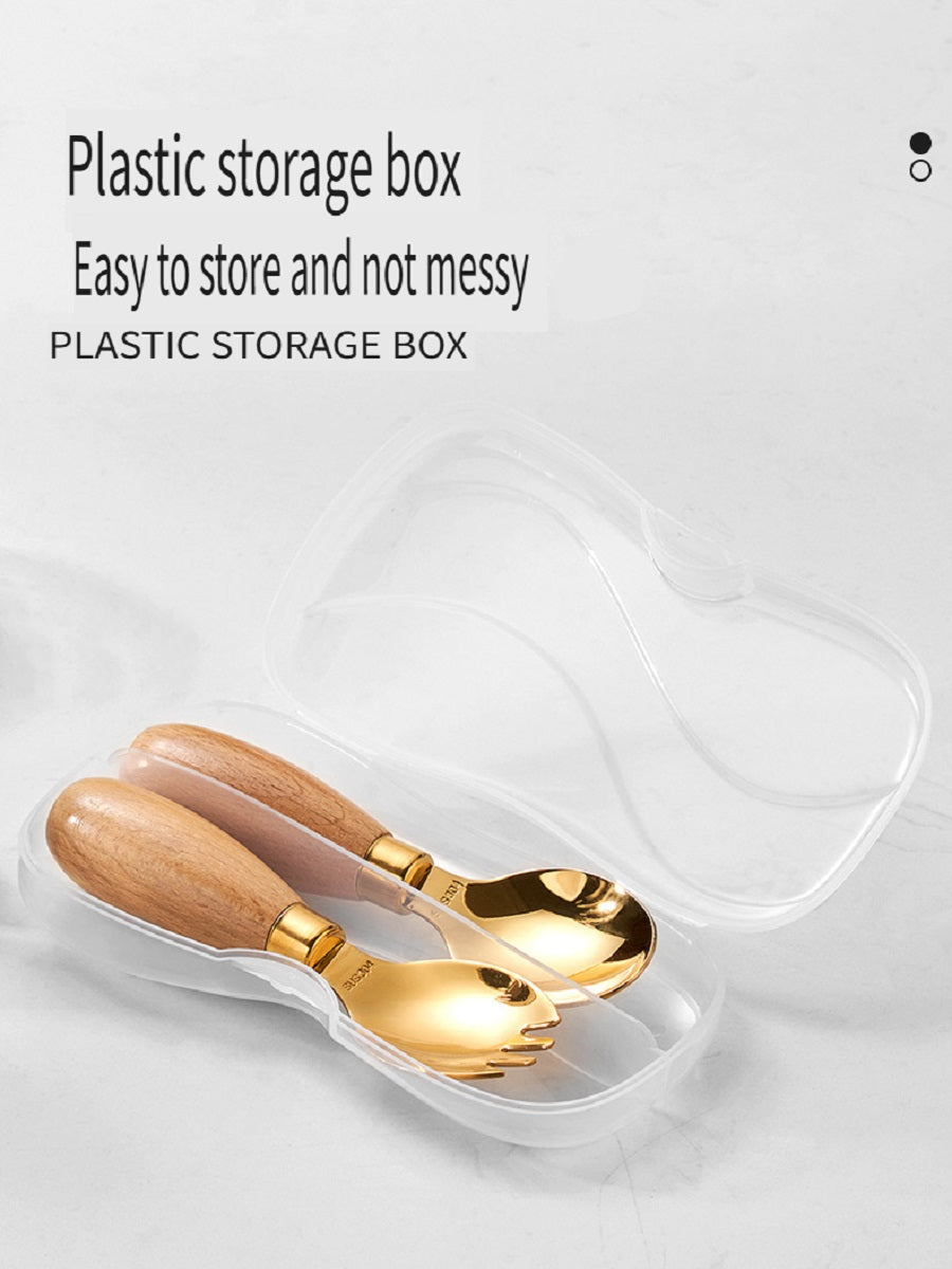 HOMGED 304 stainless steel beech handle children's spoon and fork set, original steel color and gold，can stand upright