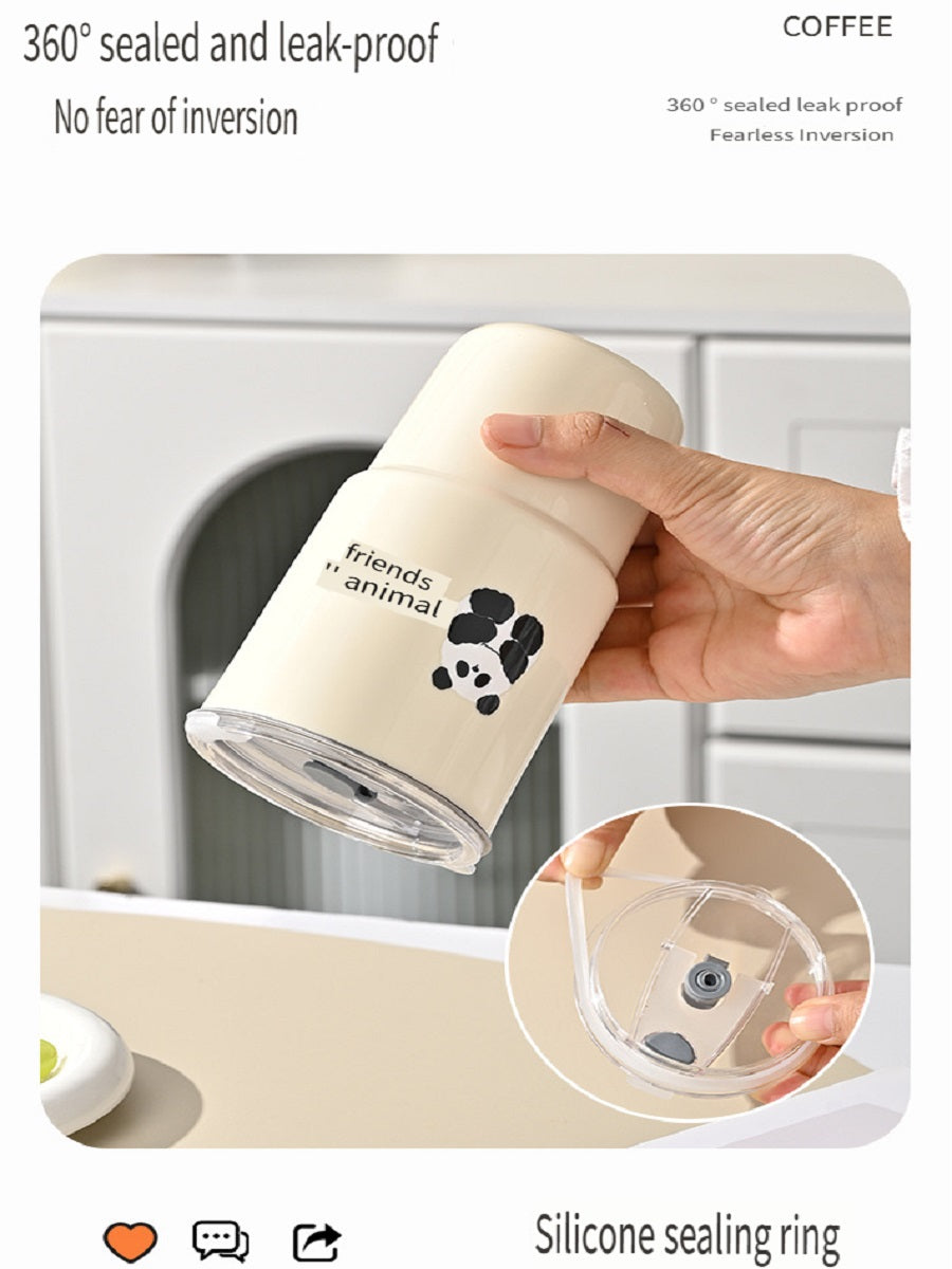 HGD 304 stainless steel coffee cup, cartoon pattern, with straw