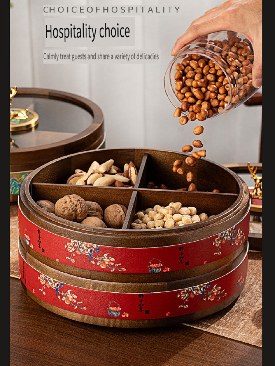 MYZD New Chinese style round dried fruit box, 360 degree rotating, made of African Okoume wood