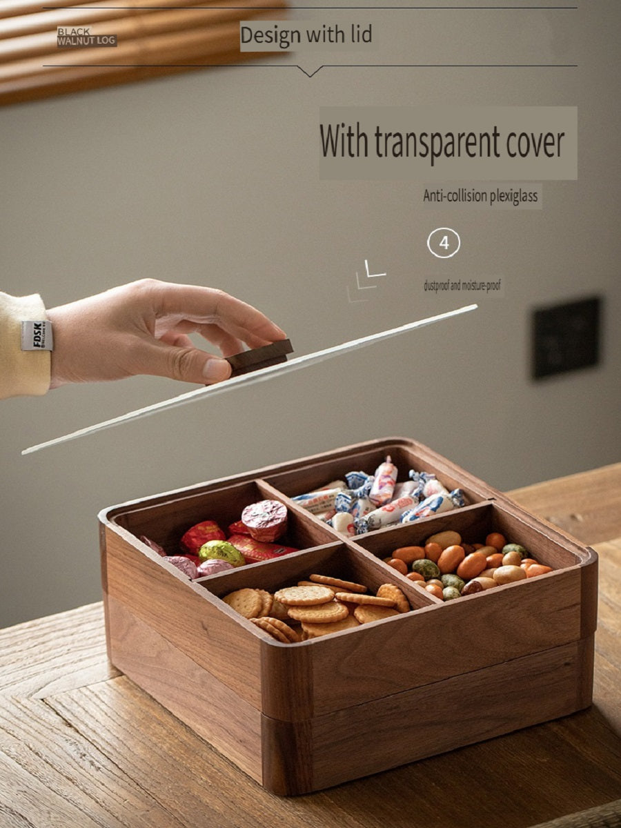 MYZD Black walnut 4-compartment dried fruit box, retro, simple, moisture-proof