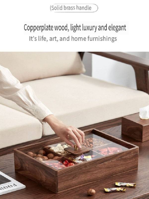 MYZD Black walnut six-compartment double-layer dried fruit box with transparent acrylic lid, sealed against moisture and dust