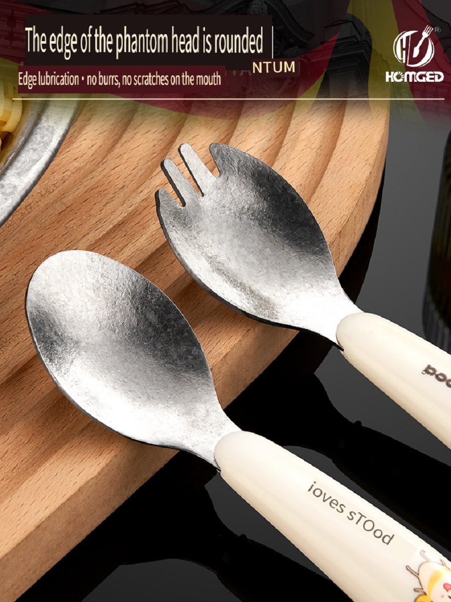 HOMGED Pure titanium children's spoon and fork tableware set, High temperature resistance and corrosion resistance, can be placed flat，suitable for eating training