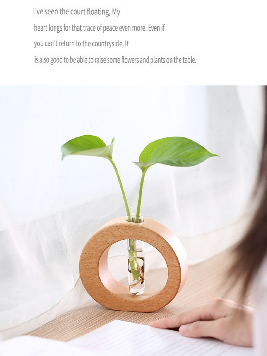 XMT Wooden vase creative home desktop decoration, with transparent glass test tube, hydroponic plant flower arrangement, simple pastoral style