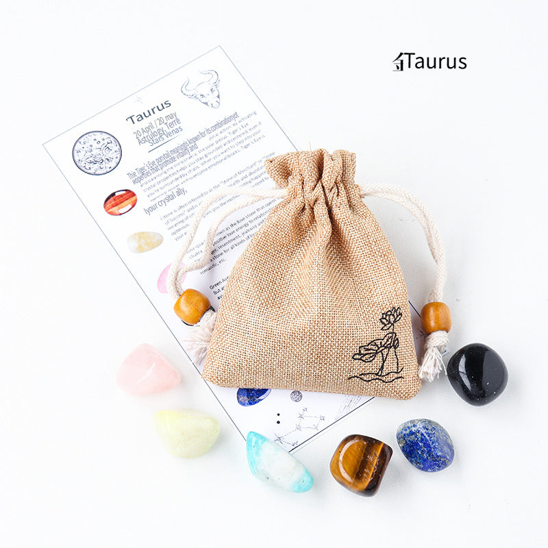 RYS Natural crystal cloth bag with rough stone, set of twelve constellations, handmade ore sample, gift for children