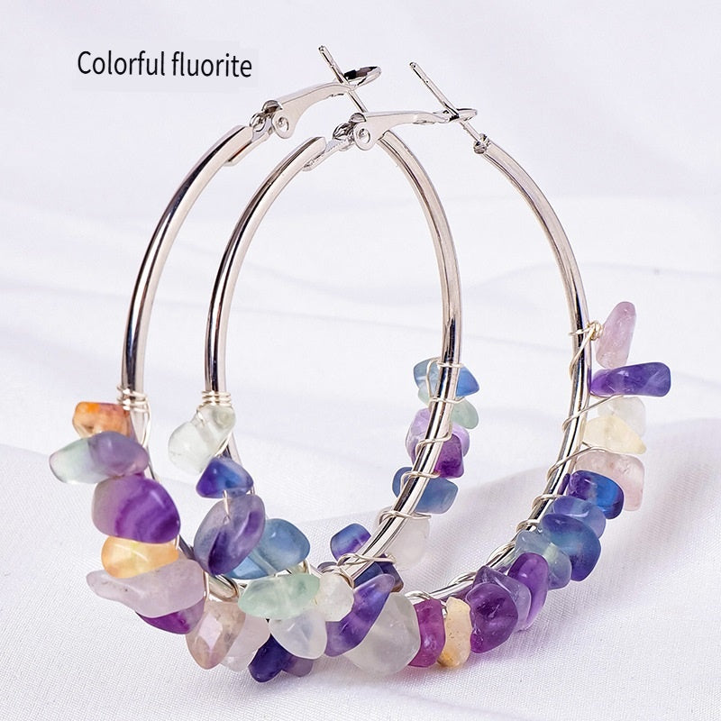 RYS Natural crystal gravel earrings, hand-wound, fashionable and versatile round earrings