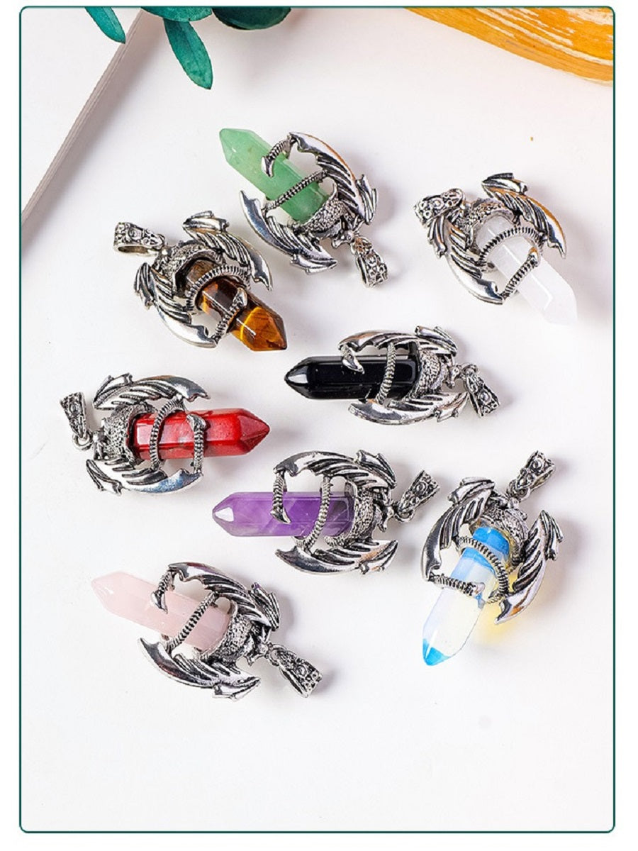 RYS Necklace with a pendant in the form of a flying dragon on one end column made of natural crystal, necklace with a hexagonal crystal column