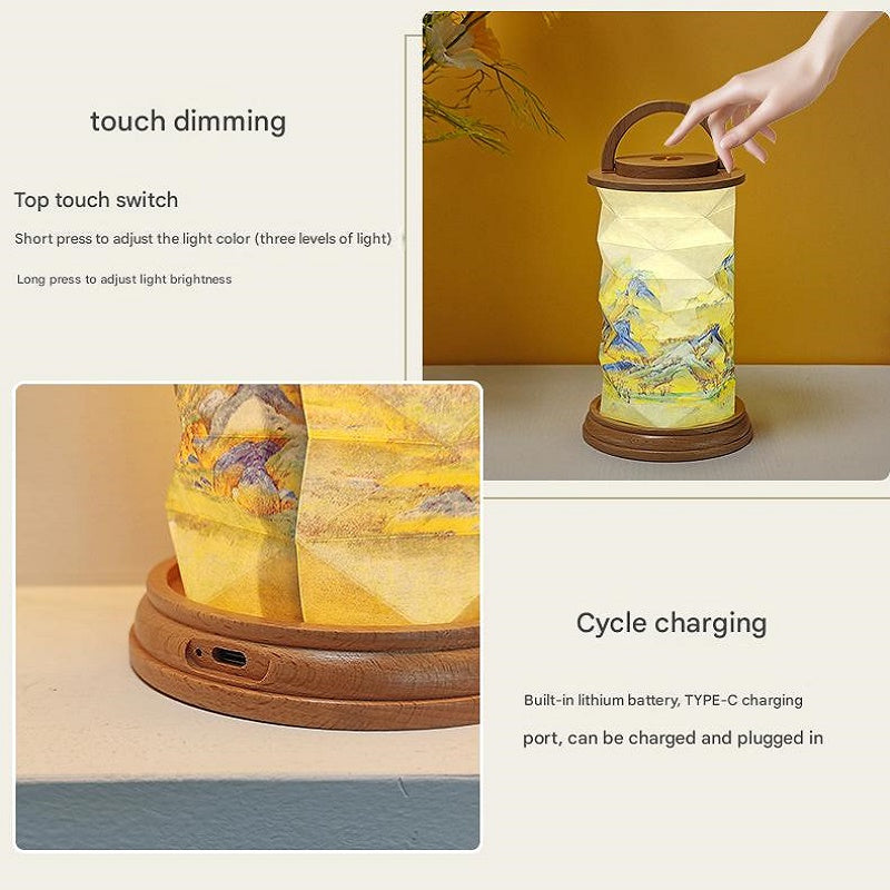 OBB Creative solid wood paper art atmosphere desk lamp, cultural and creative gift lamp, ornaments, touch dimming LED rechargeable night light