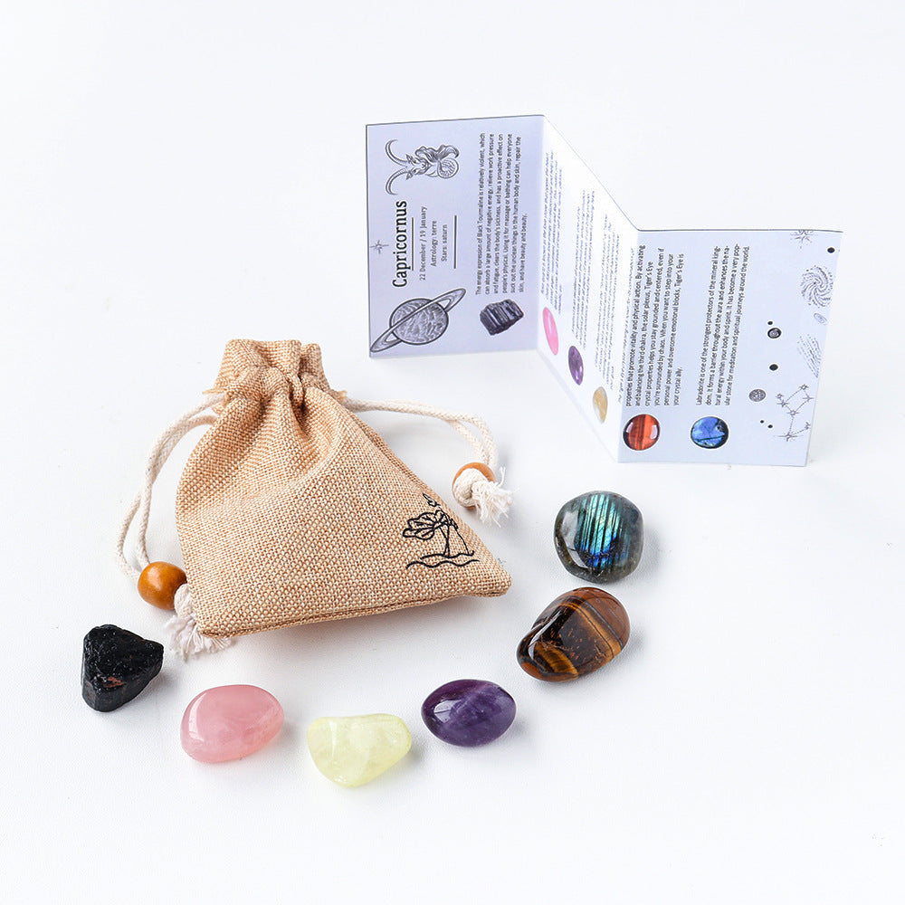 RYS Natural crystal cloth bag with rough stone, set of twelve constellations, handmade ore sample, gift for children