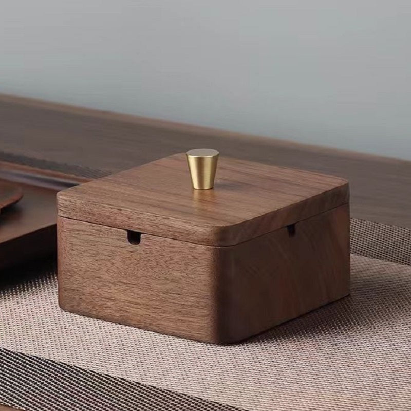 YZBZ Walnut ashtray with lid to prevent fly ash, stainless steel gold-plated liner, suitable for home and office