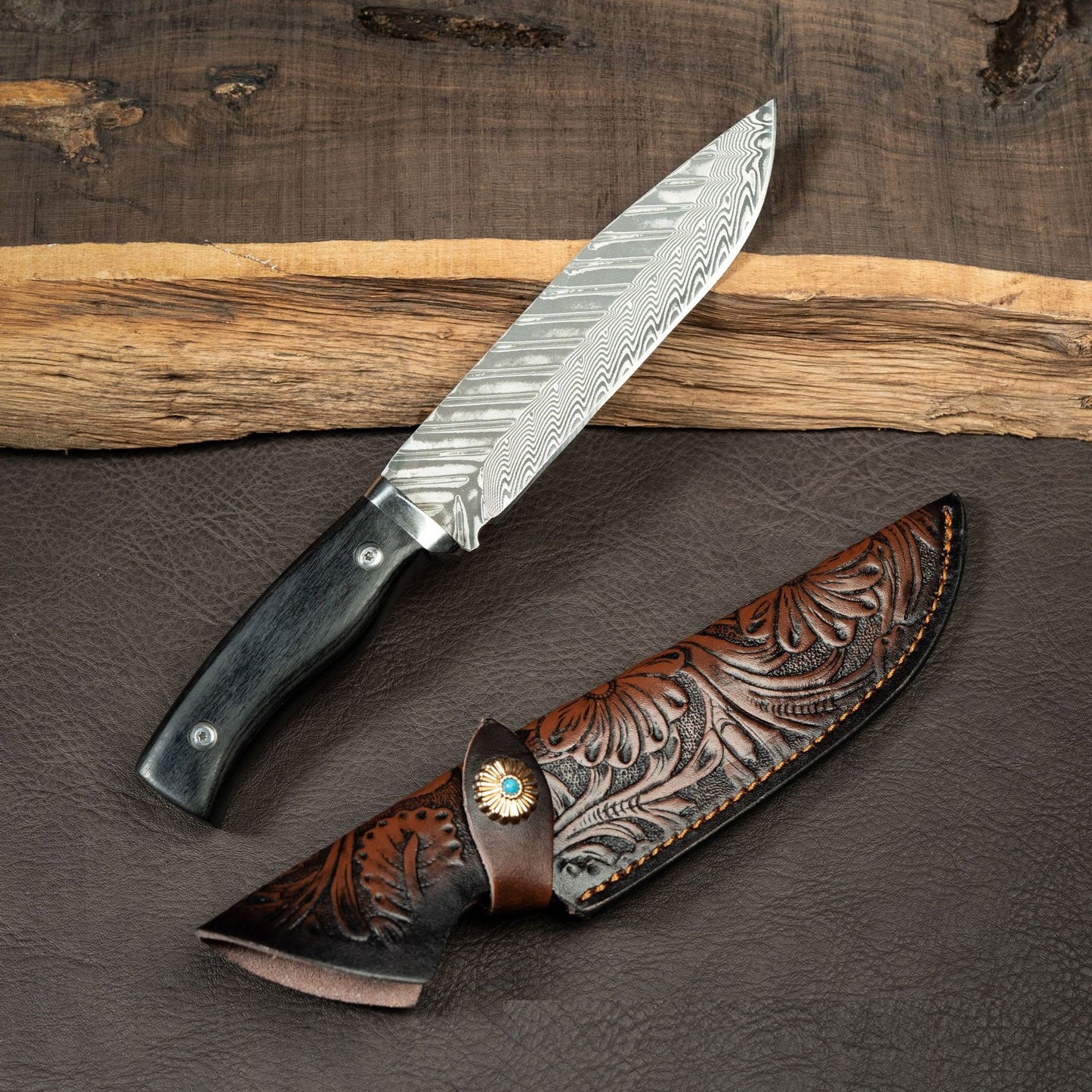 HFD Damascus steel fruit knife, hand-forged, fishbone pattern, outdoor high hardness portable knife, with leather case