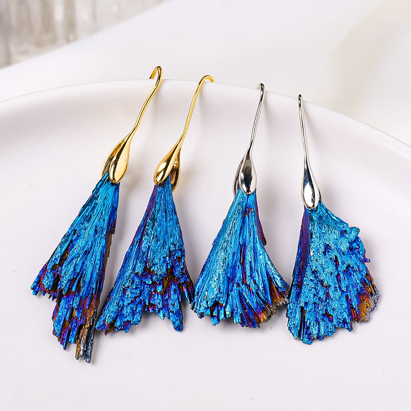 RYS Natural electroplated black tourmaline blue feather rough stone earrings, tourmaline peacock feather ear hook jewelry