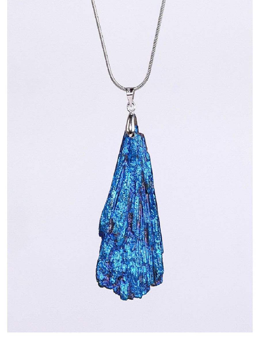 RYS Natural electroplated black tourmaline pendant necklace, tourmaline rough ore standard blue peacock feather jewelry