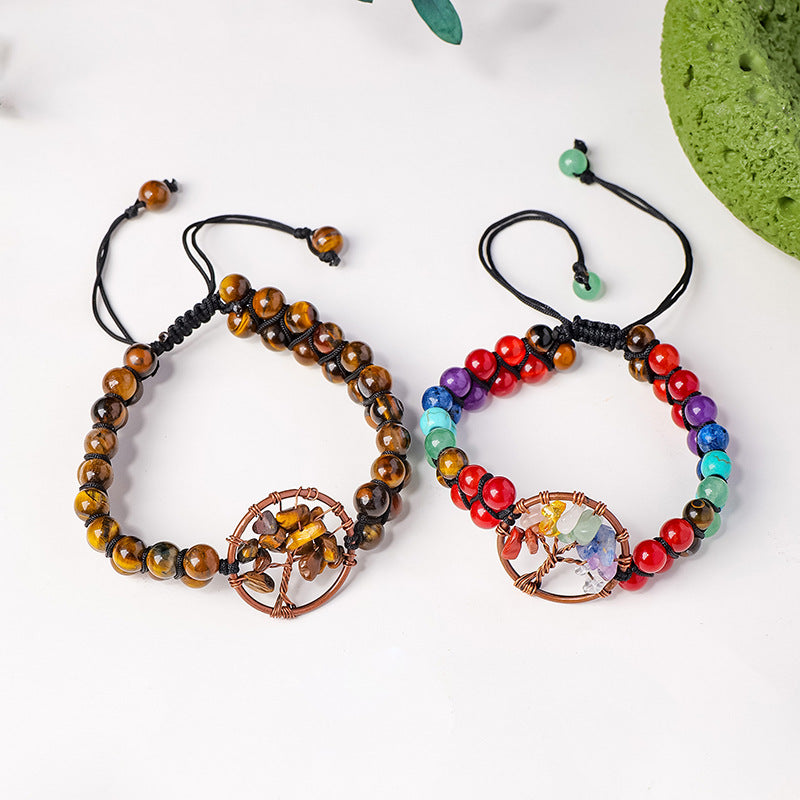 RYS Natural crystal gravel Tree of Life round bead bracelet, double-layer braided crystal bracelet