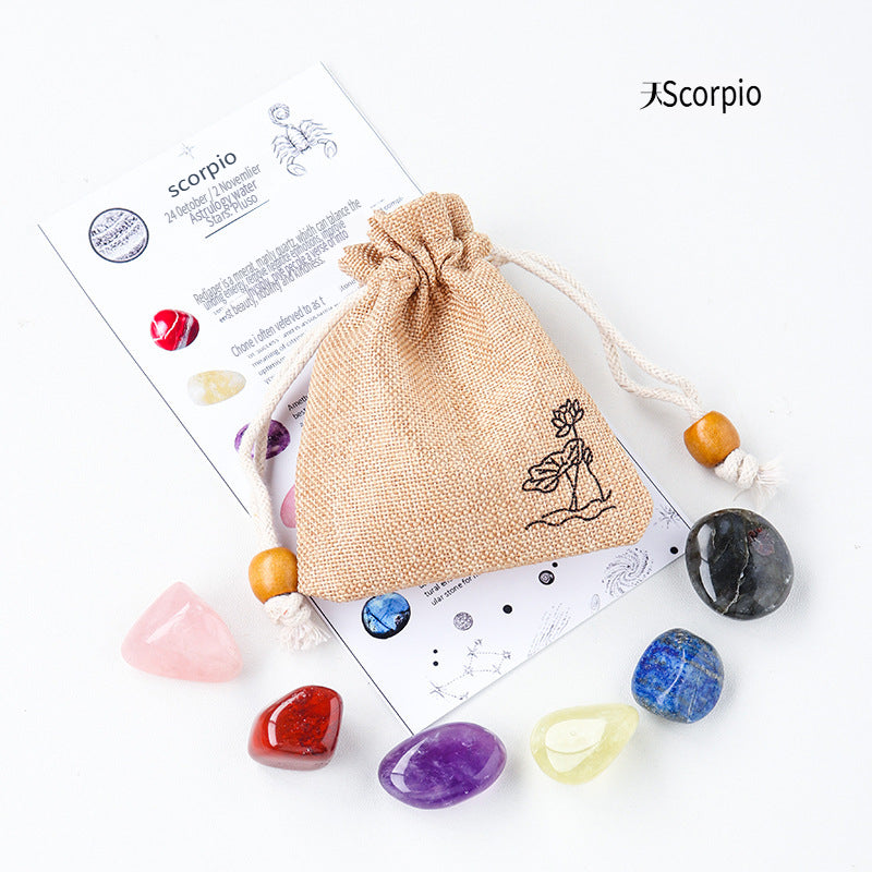 RYS Natural crystal cloth bag with rough stone, set of twelve constellations, handmade ore sample, gift for children