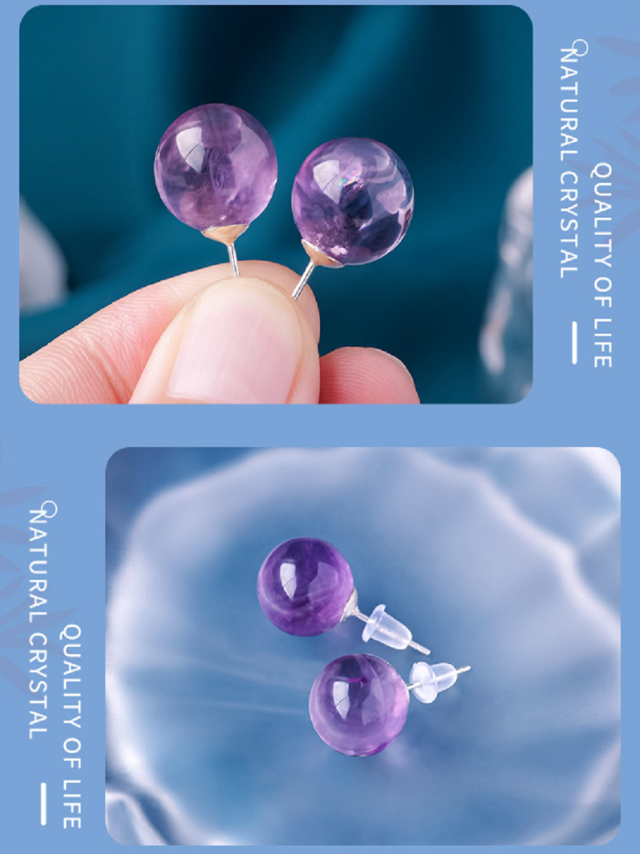 RYS S925 sterling silver natural Brazilian amethyst round bead earrings, fashionable and simple