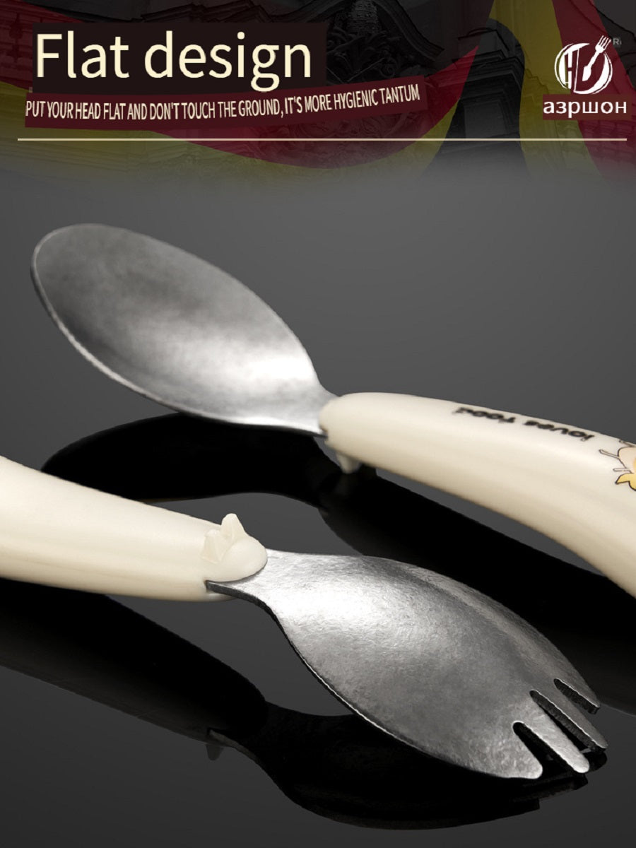 HOMGED Pure titanium children's spoon and fork tableware set, High temperature resistance and corrosion resistance, can be placed flat，suitable for eating training