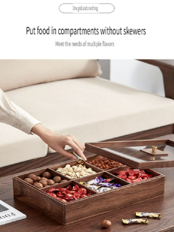 MYZD Black walnut six-compartment double-layer dried fruit box with transparent acrylic lid, sealed against moisture and dust