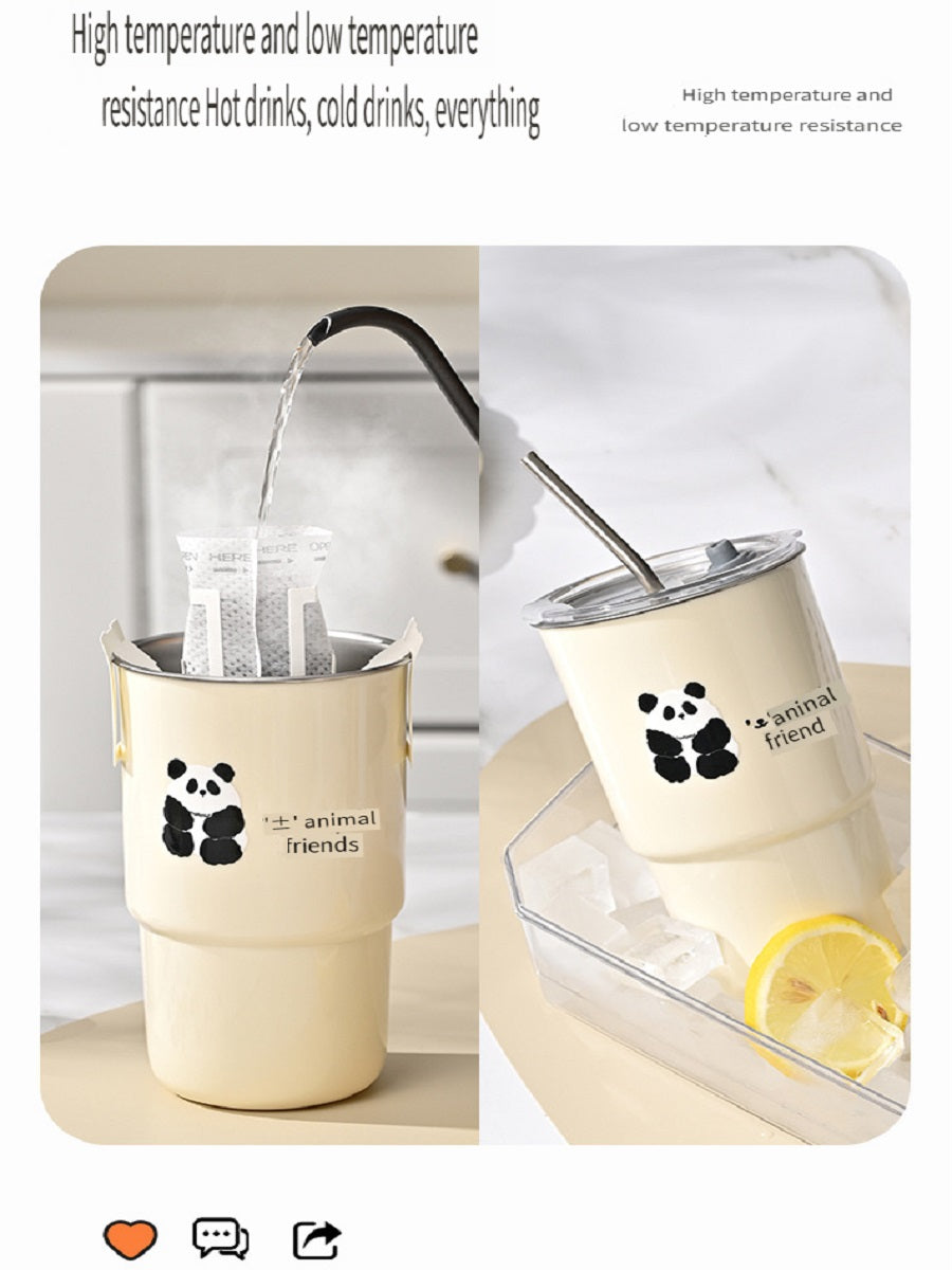 HGD 304 stainless steel coffee cup, cartoon pattern, with straw