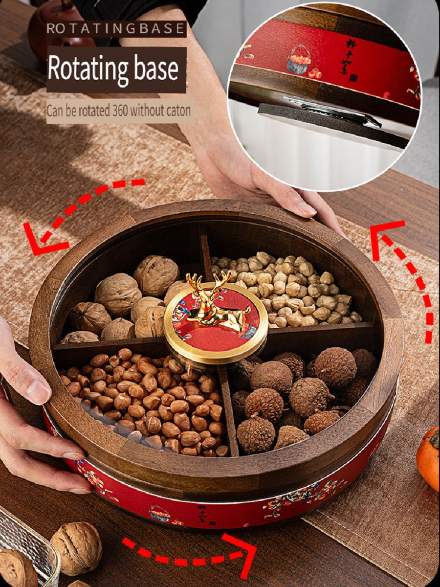 MYZD New Chinese style round dried fruit box, 360 degree rotating, made of African Okoume wood