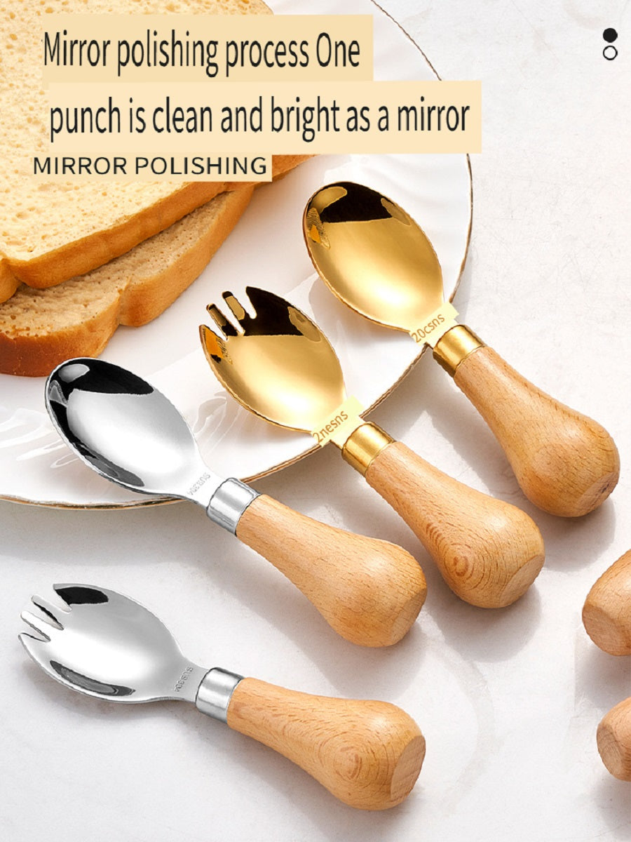 HOMGED 304 stainless steel beech handle children's spoon and fork set, original steel color and gold，can stand upright