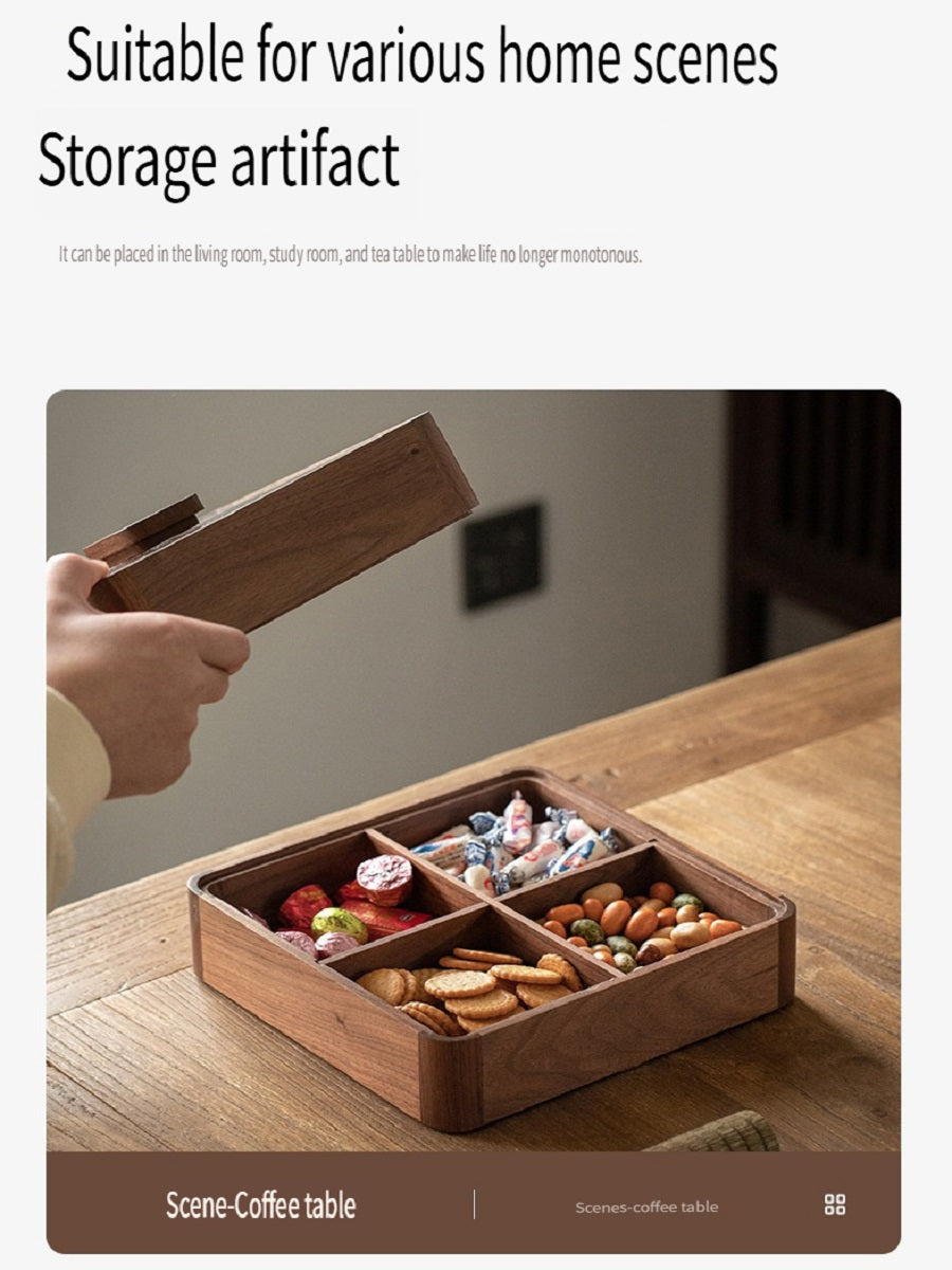 MYZD Black walnut 4-compartment dried fruit box, retro, simple, moisture-proof