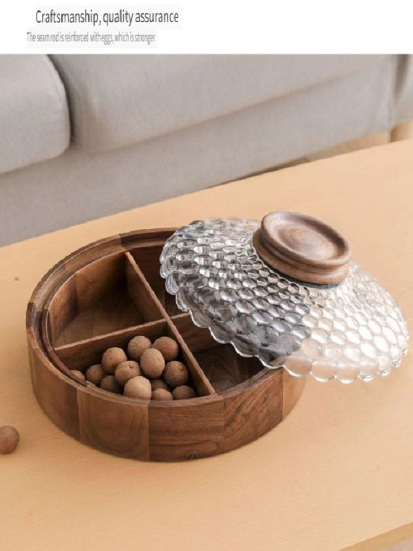 MYZD Black walnut dried fruit storage box, 4 compartments with crystal lid
