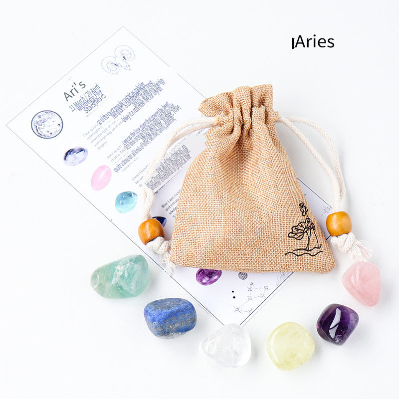 RYS Natural crystal cloth bag with rough stone, set of twelve constellations, handmade ore sample, gift for children