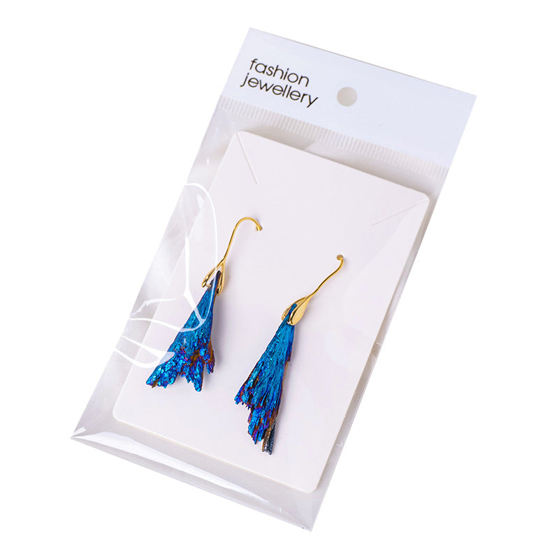 RYS Natural electroplated black tourmaline blue feather rough stone earrings, tourmaline peacock feather ear hook jewelry