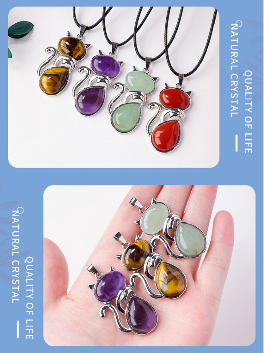 RYS Natural crystal semi-precious stone inlaid cat pendant necklace