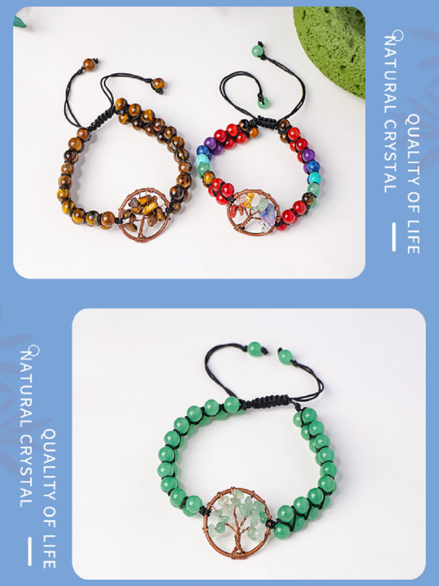 RYS Natural crystal gravel Tree of Life round bead bracelet, double-layer braided crystal bracelet