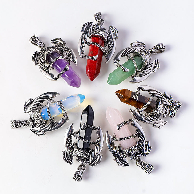 RYS Necklace with a pendant in the form of a flying dragon on one end column made of natural crystal, necklace with a hexagonal crystal column