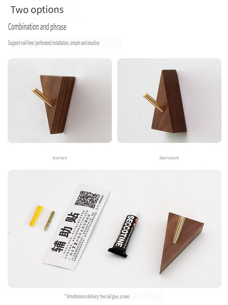 XMT Scandinavian-style solid wood hook, two installation methods, made of black walnut, beech brass, handmade