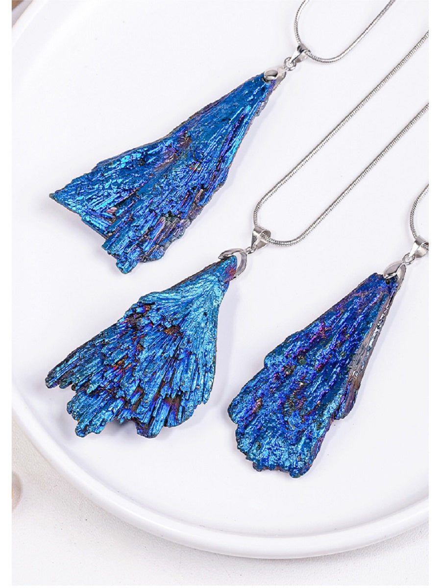 RYS Natural electroplated black tourmaline pendant necklace, tourmaline rough ore standard blue peacock feather jewelry