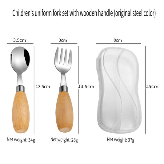HOMGED 304 stainless steel beech handle children's spoon and fork set, original steel color and gold，can stand upright