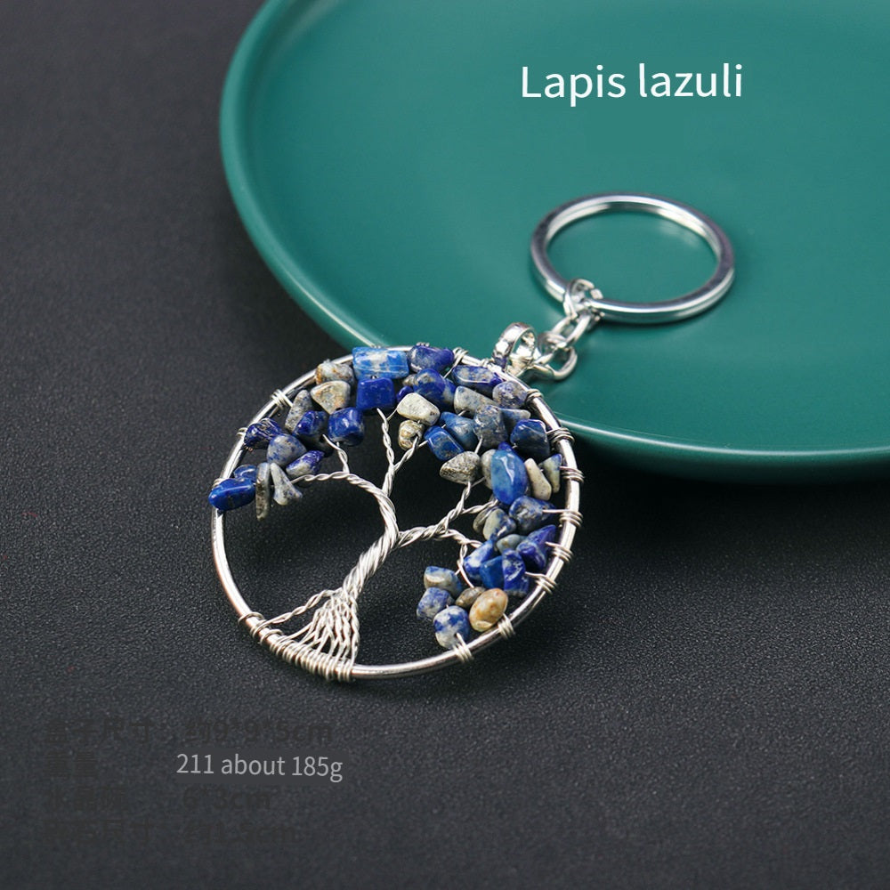 RYS Natural crystal Tree of Life keychain, crystal rough stone gravel key chain