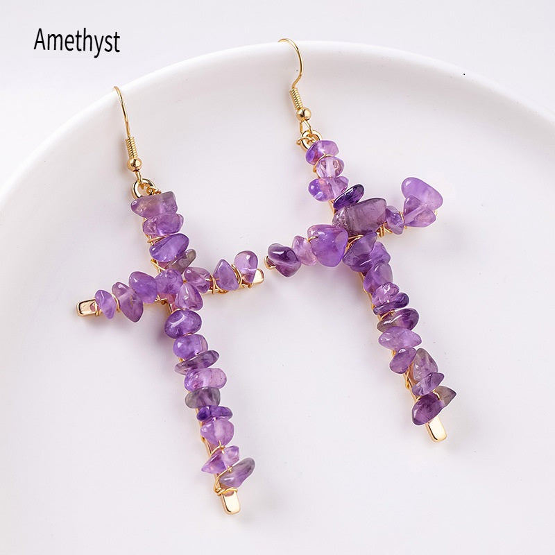 RYS Cross-shaped earrings with natural crystal gravel, handmade, simple women's ear hooks