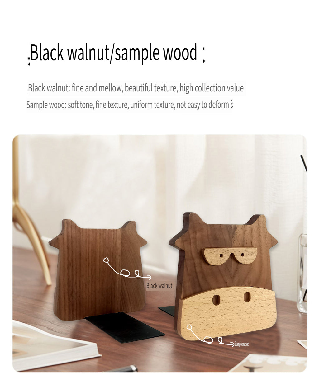 XMT Walnut inlaid beech calf book stand, 2 pcs