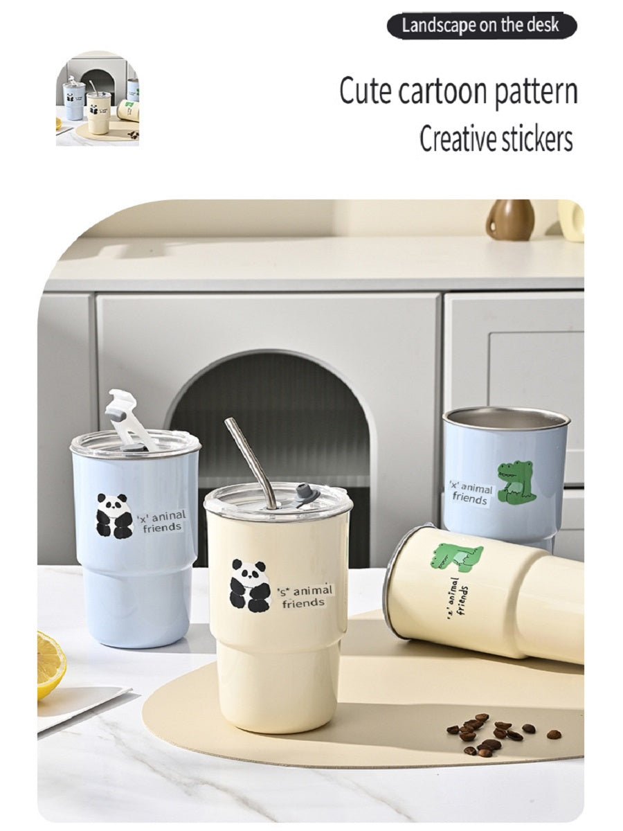 HGD 304 stainless steel coffee cup, cartoon pattern, with straw