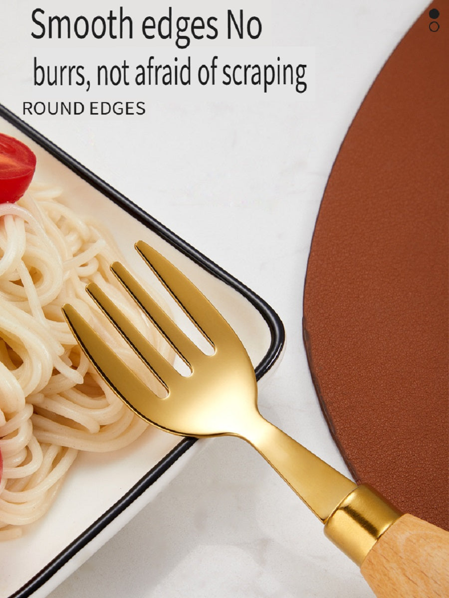 HOMGED 304 stainless steel beech handle children's spoon and fork set, original steel color and gold，can stand upright