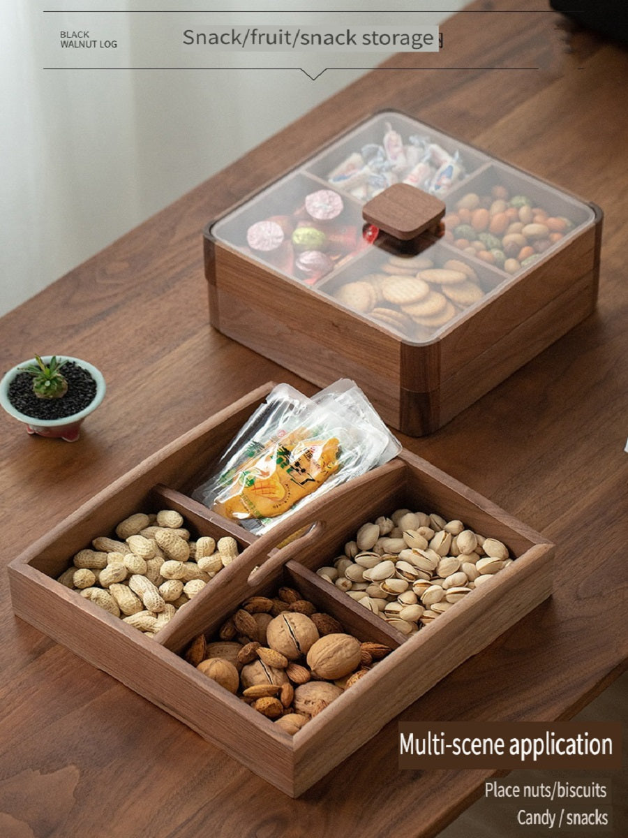 MYZD Black walnut 4-compartment dried fruit box, retro, simple, moisture-proof